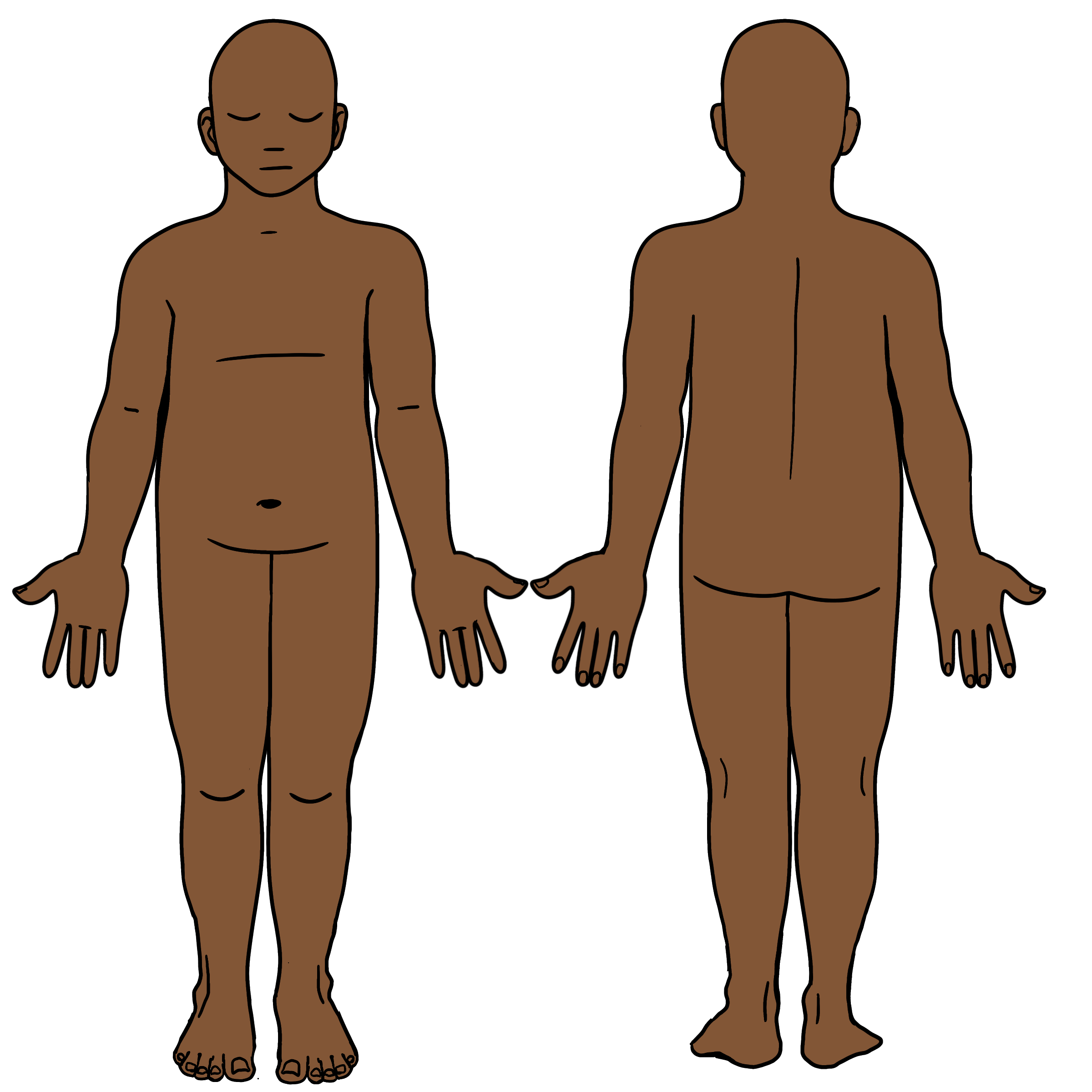 Front and back outlines of a medium sized body, eyes closed, no hair, chest indicated by a line. Medium brown skin.